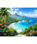 Tropical Beach and Turquoise Water, Palm Trees and Sailboats Poster 18 x... - €23,15 EUR
