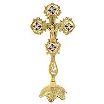 11.5&quot; Brass Altar Hand Blessing Cross wt stand 2 Sides Crucifixion-Resur... - £47.55 GBP