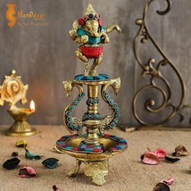 Dancing Ganesha Gemstone Work Brass Oil Diya, Multicolored, Standard FREE SHIP - £47.62 GBP
