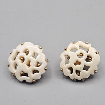Vintage Monet Clip On Earrings Gold Tone White Cut Out Acrylic Button Stud - $386.56 MXN