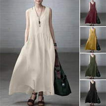 Summer Women&#39;s Long Dress, Loose Pleated Sleeveless Cotton and Linen Dress - £36.82 GBP