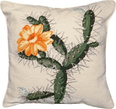 Throw Pillow Needlepoint Cactus 18x18 Yellow Wool Cotton Velvet Back Zippered - £225.95 GBP