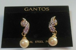 GANTOS Gold-tone Faux Pearl &amp; Clear Rhinestone Dangle Pierced Earrings  - £7.39 GBP