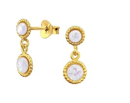 14ct Yellow Gold on Silver Vermeil Diamond Real White Opal Earrings Hallmarked - £14.08 GBP