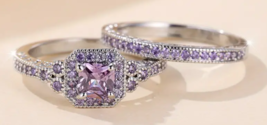 2pcs Elegant Stacking Halo &amp; Eternity Ring Paved Purple Emerald Cut Zirc... - £11.76 GBP