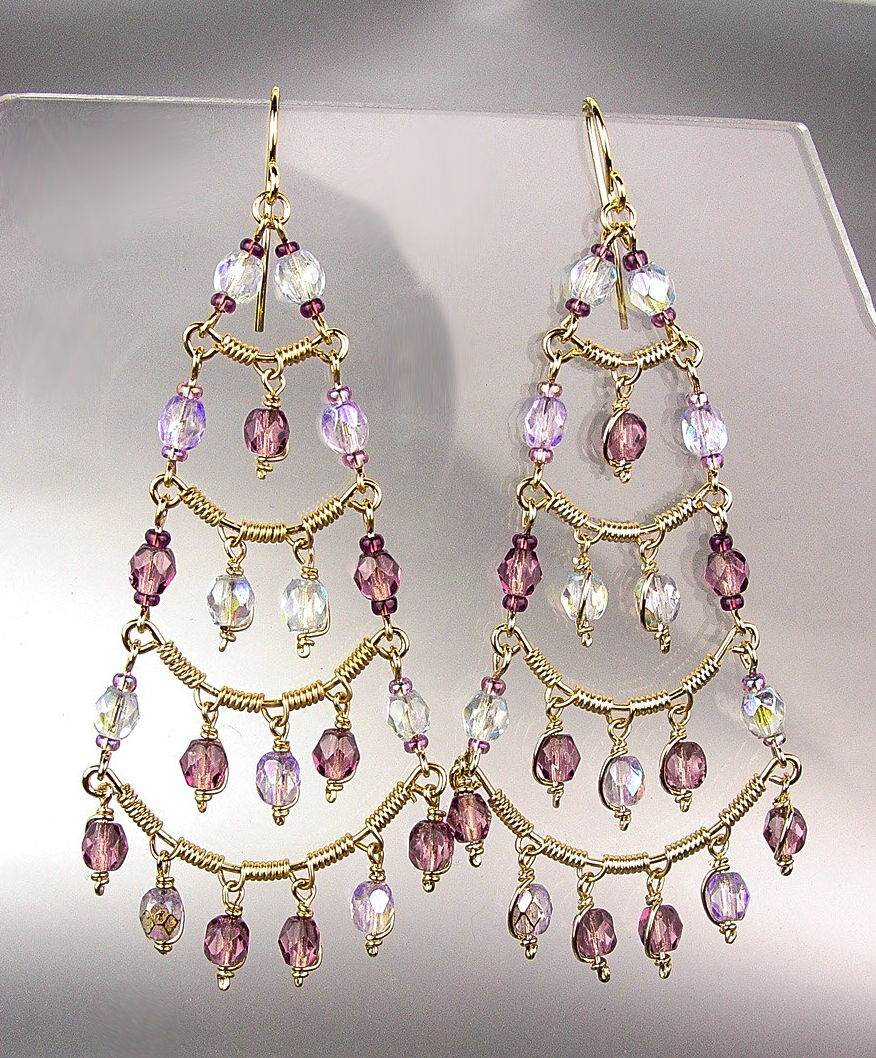 Primary image for STUNNING Light Purple Lavender Iridescent Crystals Gold Chandelier Earrings Boho