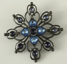 MODERN Costume Jewelry Two Tone Blue Rhinestone Floral Dark Silver Brooc... - £12.00 GBP