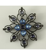 MODERN Costume Jewelry Two Tone Blue Rhinestone Floral Dark Silver Brooc... - £12.53 GBP