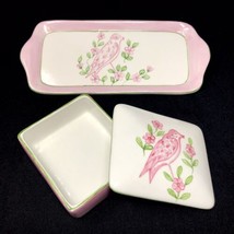 Trinket Box &amp; Vanity Tray Ceramic Italy Bath Dresser Bird Flower Hand-painted - £25.31 GBP