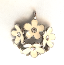 Vintage Rhinestone and White Enameled Flower Pendant Silver Tone 1.5 inches - £9.99 GBP