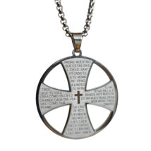 Lords Prayer Cross Pendant Necklace Templar Spanish Script Steel 22&quot; Chain &amp; Box - £11.77 GBP