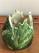 Estate EMM Signed Green &amp; Cream Glazed Leaf Pottery Votive Candle Holder – 3.75  - £11.87 GBP