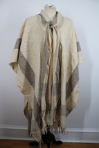 Vtg Unbranded Wool Cream Gray Stripe 40&quot; Long Poncho Cape - £38.76 GBP