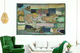 Indian Heavy Hand Embroidered Wall Hanging Vintage Zari Patchwork Beads Tapestry - £59.34 GBP