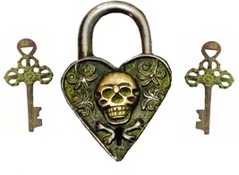 Beautiful Brass Padlock with Two Keys Man Skull Engraved Antique Finishe... - £54.50 GBP