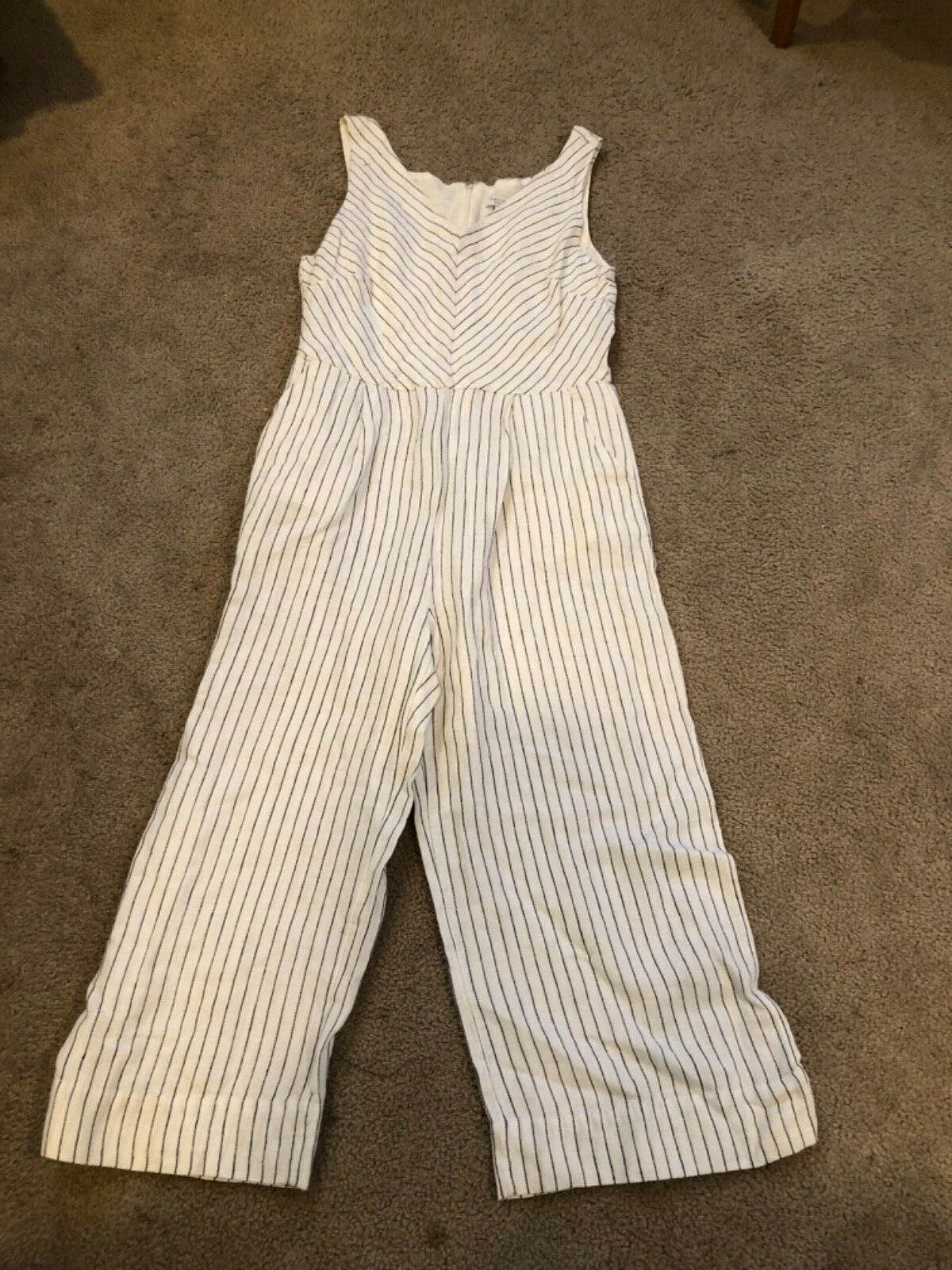 Rachel Zoe White w/ Blue Stripes Linen Jumpsuit Pant V Neck Wide Leg Siz... - $29.42