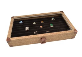 JEWELRY Black Slot RINGS BOX CASE Burlap Dark Beige Metal Clasp Jewelry ... - $41.95