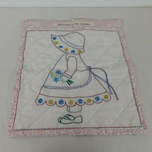 Sunbonnet Sue Welcome To My Garden Cloth Flag Handmade Red Hearts Stitched FLAW - £7.84 GBP