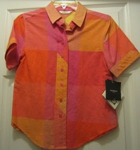 Liz Claiborne Large Square Yellow Pink Orange Plaid Short Sleeve Blouse Size XS - £28.47 GBP