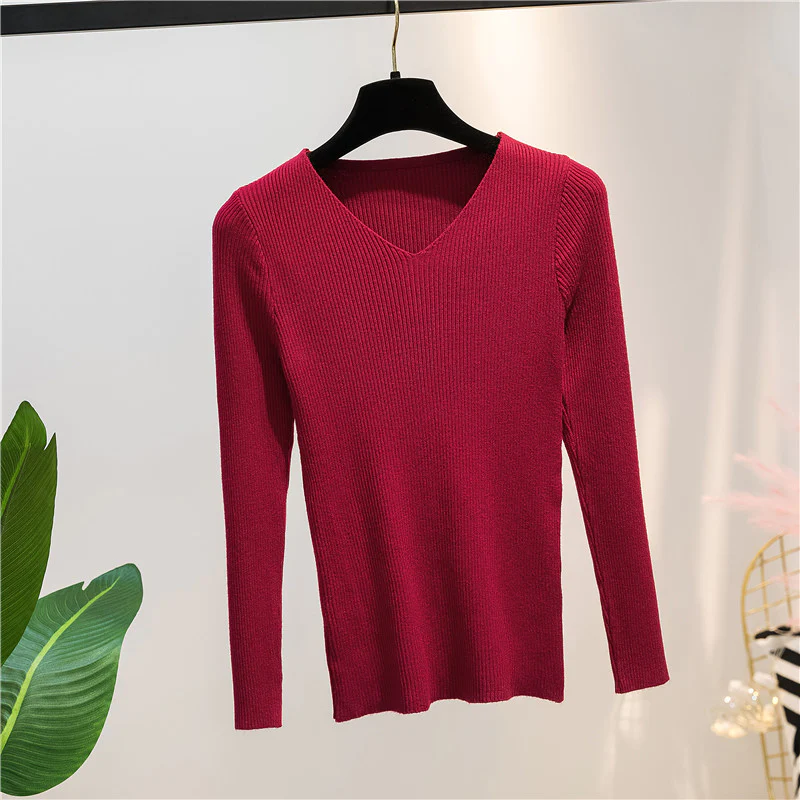 Wine Red Autumn And Winter V-neck Knitted Long-sleeved Slim - $35.60