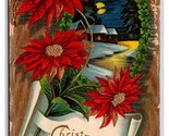 Poinsettia Flowers Night Cabin Scene Christmas UNP Gilt Embossed DB Post... - $4.90