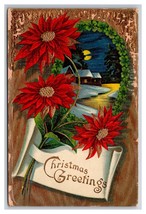 Poinsettia Flowers Night Cabin Scene Christmas UNP Gilt Embossed DB Postcard U27 - £3.85 GBP
