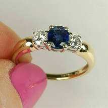 2Ct Round Cut Blue Sapphire Three Stone Engagement Ring 14K Yellow Gold Finish - £100.90 GBP