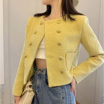 Fall Winter French Women&#39;s Double Breasted   Tweed Jacket Yellow Elegant Pocket  - £162.66 GBP