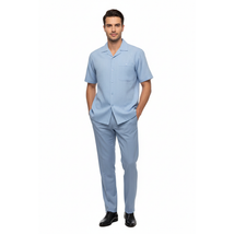 Men 2pc Walking Leisure Suit Short Sleeves DREAMS Plaid Satin 253-11 Ocean Blue image 3