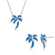 Sterling Silver Blue Inlay Opal Necklace and Earrings Set - Palm Tree - $61.74