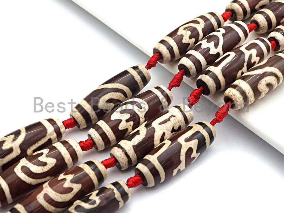 1pc/8pcs Natural Tibetan Beads, Large long Barrel Tibetan beads, Brown White Dzi