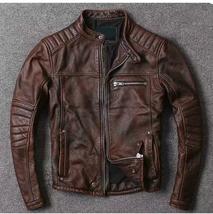 Men’s Brown Distressed Bomber Biker Motorcycle Cafe Racer Real Leather J... - £84.27 GBP+