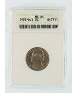 1955-D/S 5C Jefferson Nickel Von ANACS Als MS-64 Bewertet - $185.51