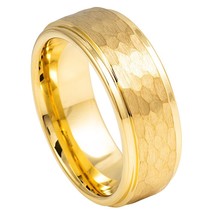 Tungsten Ring Yellow IP Plated Hammered Center W/ Stepped Edge 8mm Weddi... - $719.39 MXN