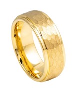 Tungsten Ring Yellow IP Plated Hammered Center W/ Stepped Edge 8mm Weddi... - $714.33 MXN
