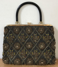 Antique Victorian Vtg Silk Glass Beaded Gold Metal Handbag Purse 12“ x 9.5“ - £62.92 GBP