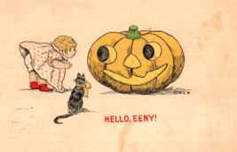 Halloween Postcard H. L. Woehler Girl Cat JOL Pumpkin HLW 1918 Vintage Original - £94.55 GBP