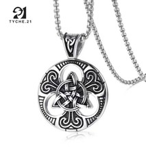 Men Silver Round Celtic Trinity Knot Pendant Necklace Stainless Steel Chain 24" - £9.50 GBP