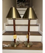 (2)  RALPH LAUREN Gold Brushed Brass Desk Brown Leather Metal Shade Lamps - $506.27 CAD