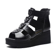 OUKAHUI 2021 Summer Classic Black Genuine Leather Flat Platform Sandals Women Sh - £46.75 GBP