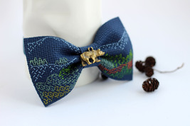 Embroidered Blue Bow Tie, Cross Stitch Mountain Design - £20.45 GBP
