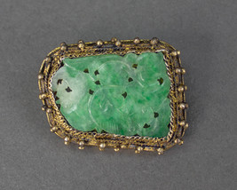 Antique Chinese Export Carved Jade Jadeite &amp; Sterling Silver Filigree Pin Brooch - £238.84 GBP