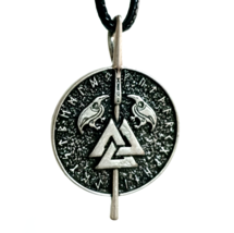 Odin&#39;s Spear Shield Pendant Necklace Ravens Huginn Muninn Valknut Runes Norse - £12.83 GBP