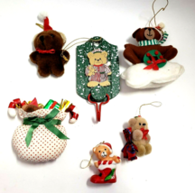 Teddy Bears Assorted Lot of 6 Christmas Ornaments plush ceramic wood Vintage - £11.22 GBP