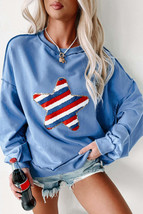 Sky Blue Sequin Trim Embroidered Star USA Pattern Sweatshirt - £24.67 GBP