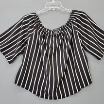 Forever21 Women Shirt Size M Black Gray Preppy Stripe Stretch Off Shoulder Crop - £9.95 GBP