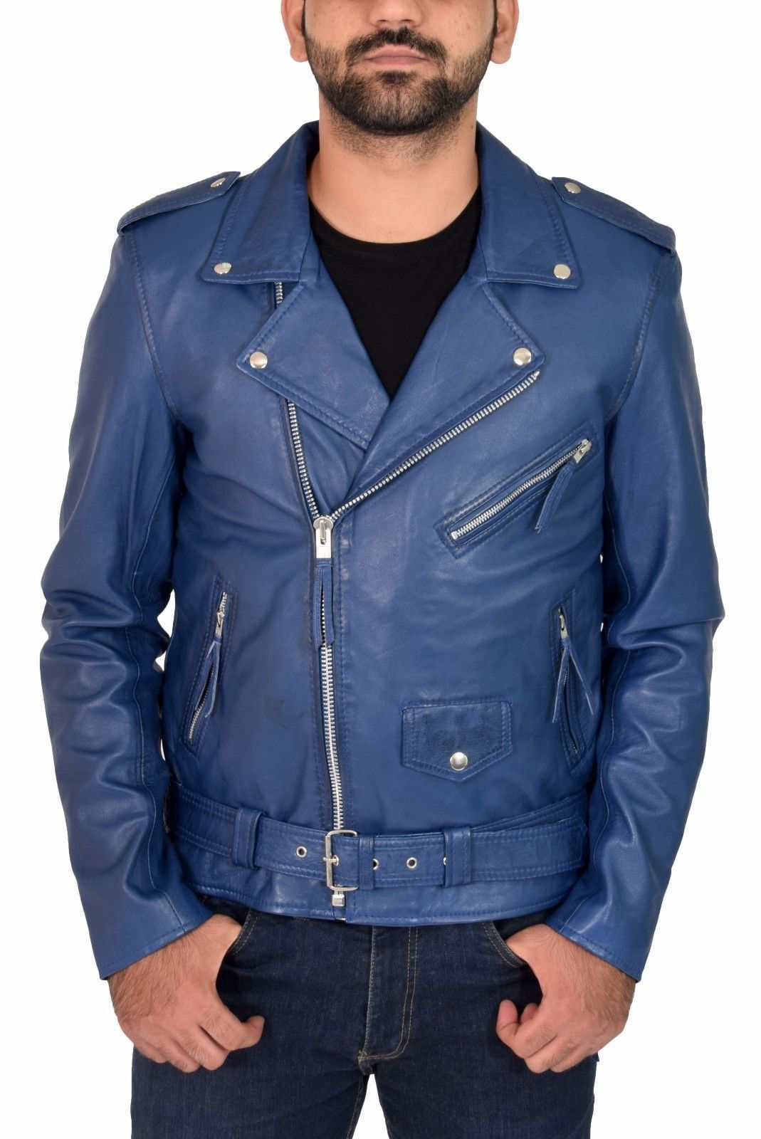 Men's Genuine Blue Lambskin Leather Jacket, Men Slim Fit Biker Motorcycle jacket