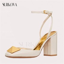 Fashion Women&#39;s Shoes Square Heel Block Heel Sandals Solid Color Large Rivet Buc - £79.27 GBP