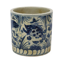 Vintage Style Reverse Blue and White Porcelain Fish Motif Flower Pot 8&quot; - £134.21 GBP