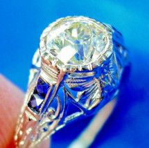 Earth mined Diamond Sapphire Deco Engagement Ring 1920s Solid Platinum Solitaire - $117,478.55 MXN